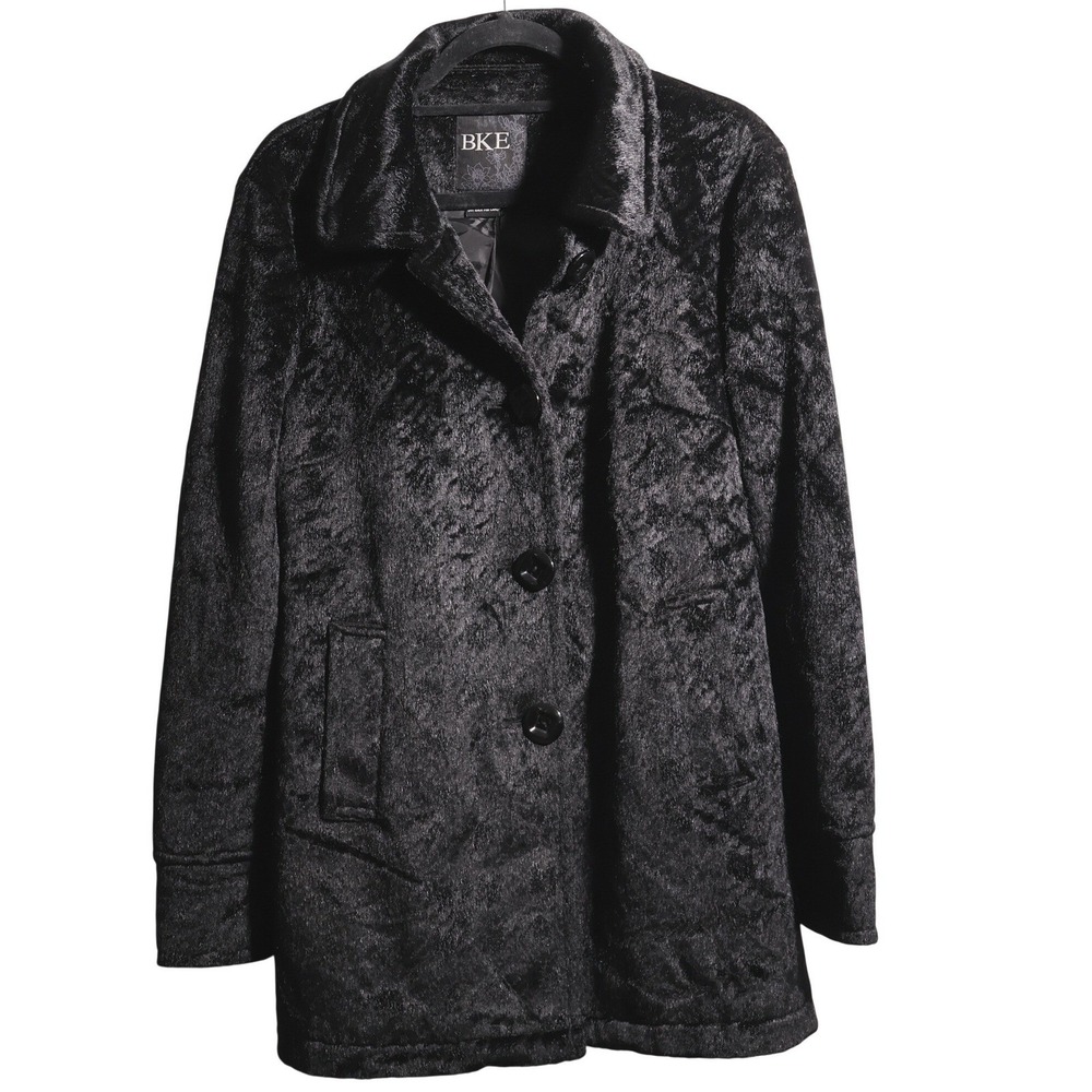 BKE Womens Black Faux Fur Button Up Coat Jacket M Mob Wife Glamoratti Minimalist